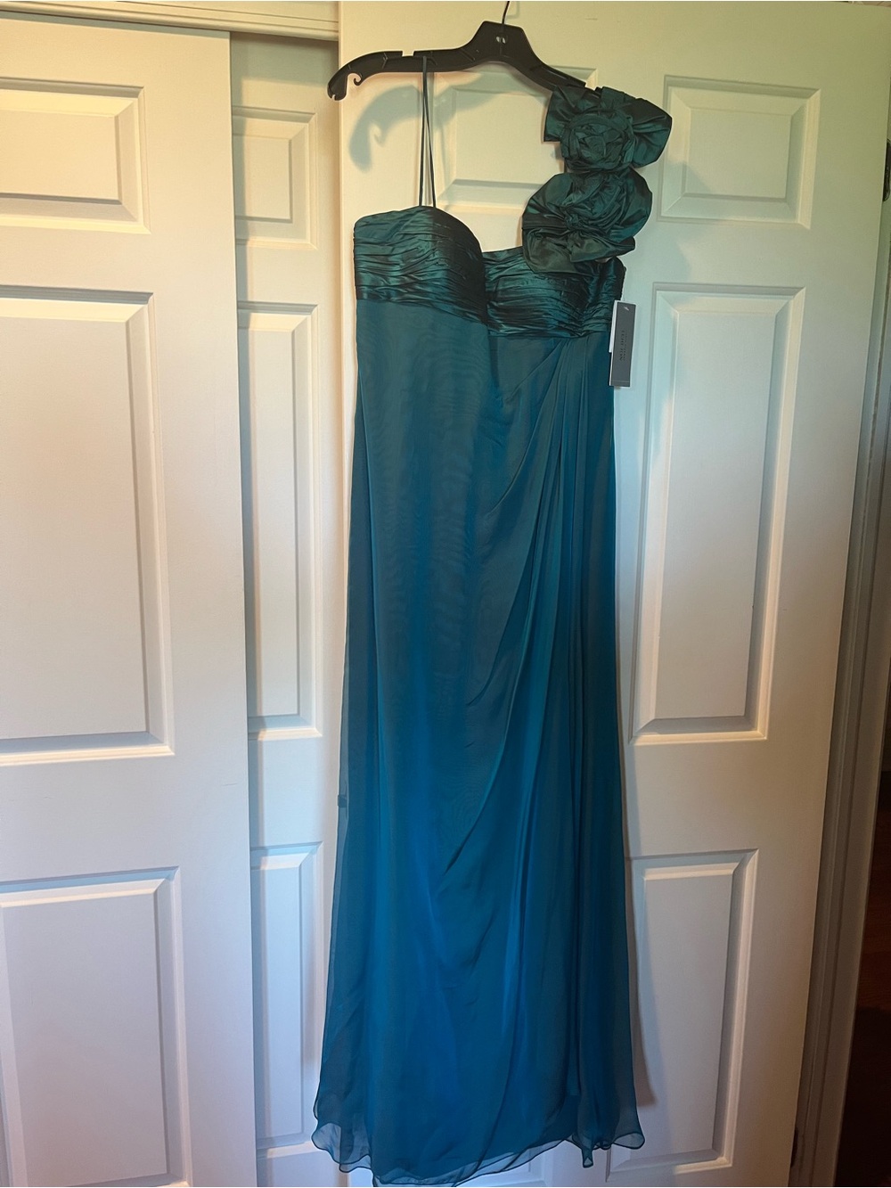 Silk Teal One-Shoulder Floral Accent Evening Gown